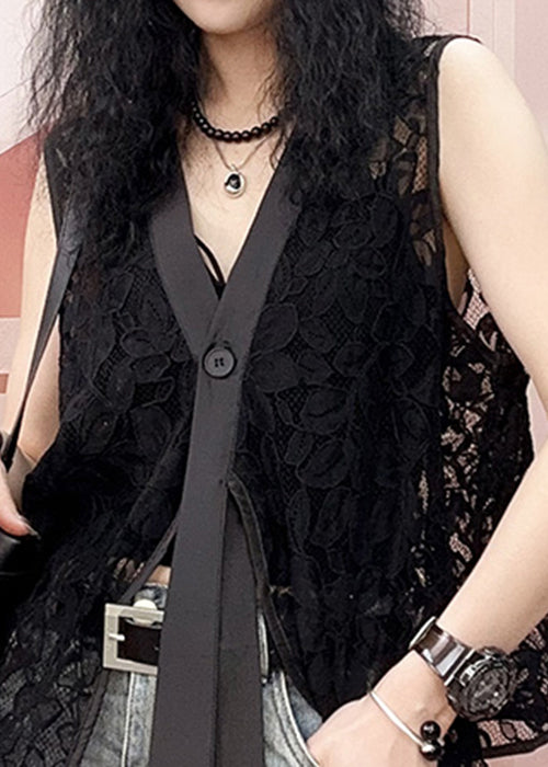 Débardeur sans manches en dentelle ajourée à boutons noirs fantaisie QP002