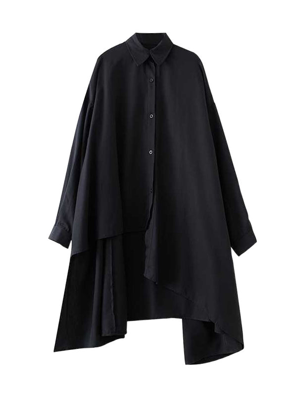 Original schwarze Bluse mit asymmetrischem Revers und Knöpfen, hohem und niedrigem Saum, langen Ärmeln, TW009
