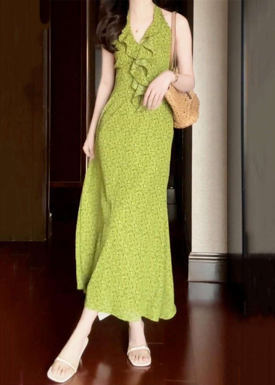 Nouvelle robe imprimée à volants en coton vert sans manches longue