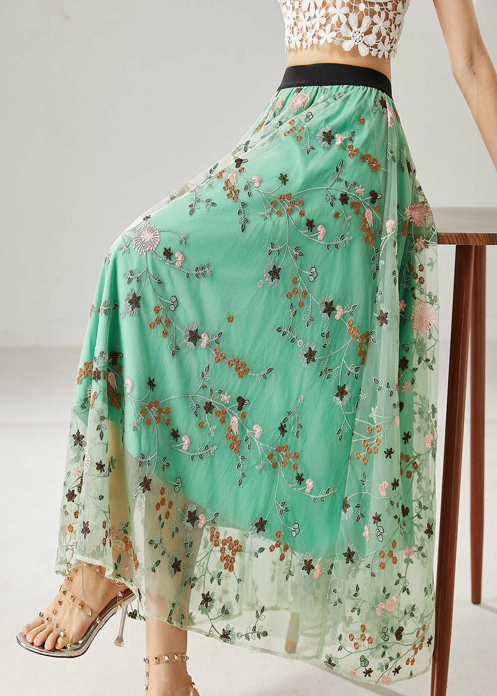 Jupes en tulle brodé vert italien d'été AZ1044