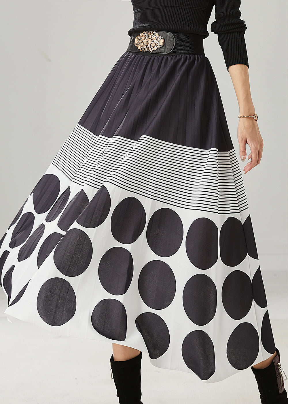 Jupe trapèze en coton imprimé noir pour femme Printemps AZ1031
