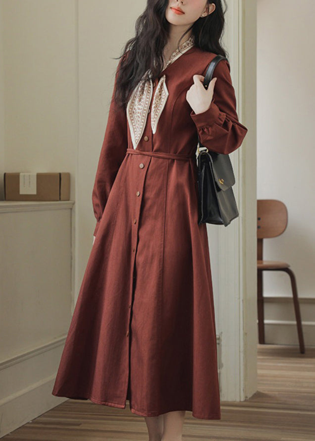 Fit Slim Pockets Kleid Schleife Rot Frühling Maxi Button