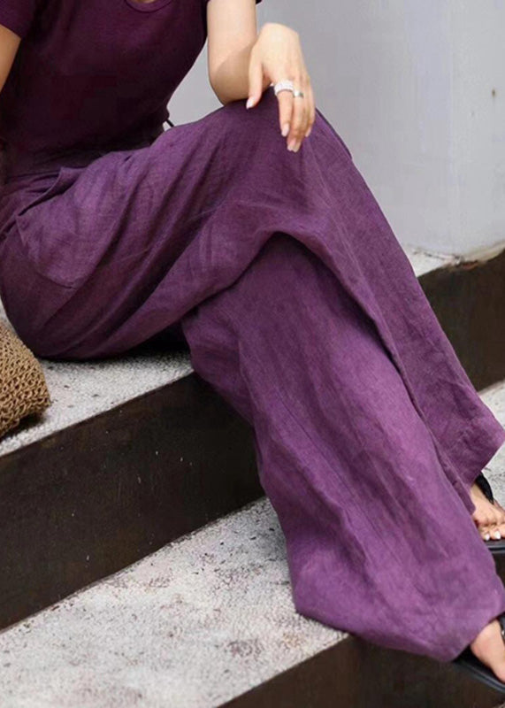 Pantalon large taille haute en lin bio avec poches violettes Automne AN1019