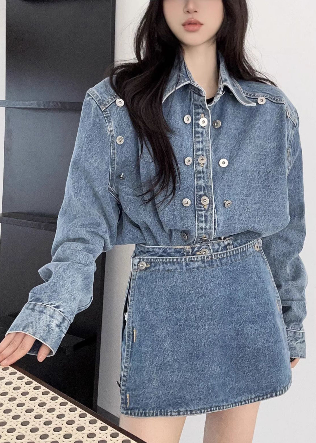 Ensemble deux pièces en denim bleu français à col Peter Pan et boutons Automne EE005