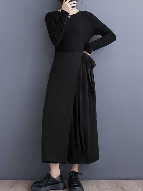 Pantalon élégant noir élastique taille haute asymétrique noué patchwork plissé neuvième pantalon WS015