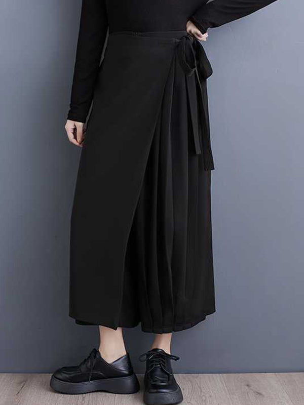 Pantalon élégant noir élastique taille haute asymétrique noué patchwork plissé neuvième pantalon WS015