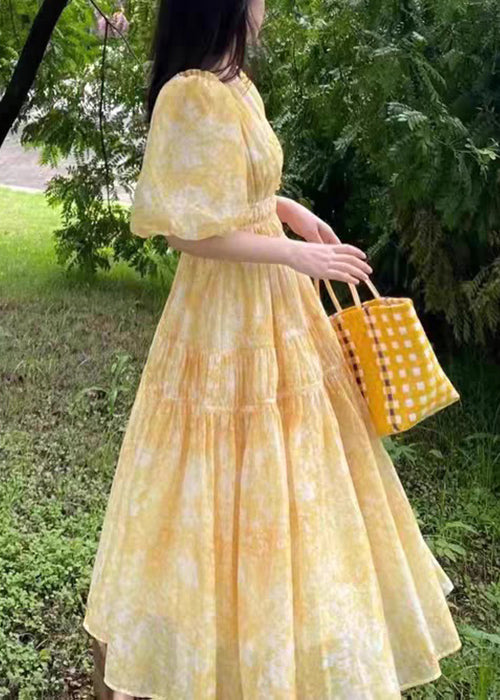 V-langes Sommer-Print-Böhmisches Chiffon-Kleid mit gelbem Hals