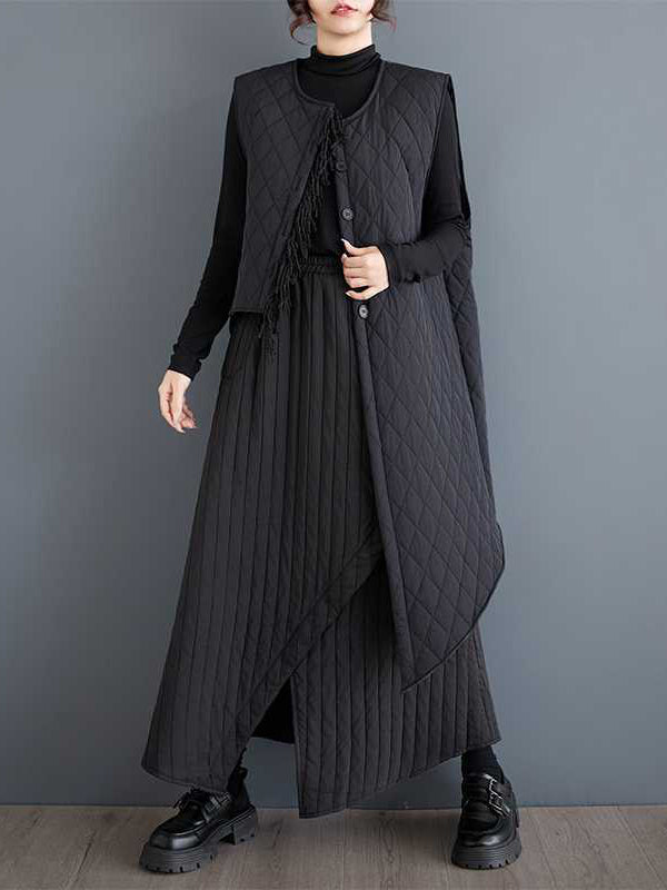 Lässige schwarze asymmetrische Steppweste mit Rundhalsausschnitt und Knöpfen, ärmellos, gepolstert TW014