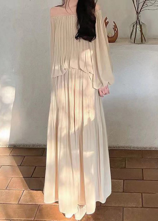 Ensemble deux pièces élégant en coton froissé avec haut et jupe à manches longues abricot AZ1010