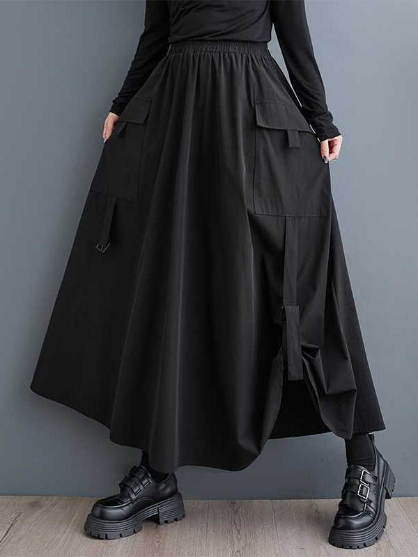 Jupe trapèze plissée noire à poches élastiques et fendue WS005