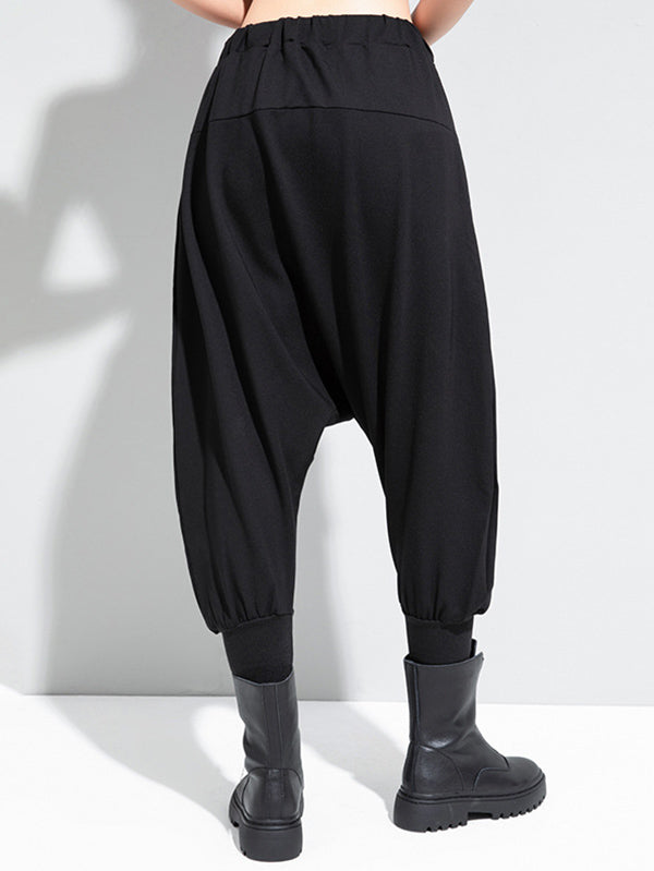 Pantalon sarouel simple noir avec poches à la taille et élasticité WS012