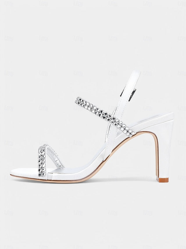 Sandals Prom White Block Rhinestone Women's Bridal – Heel