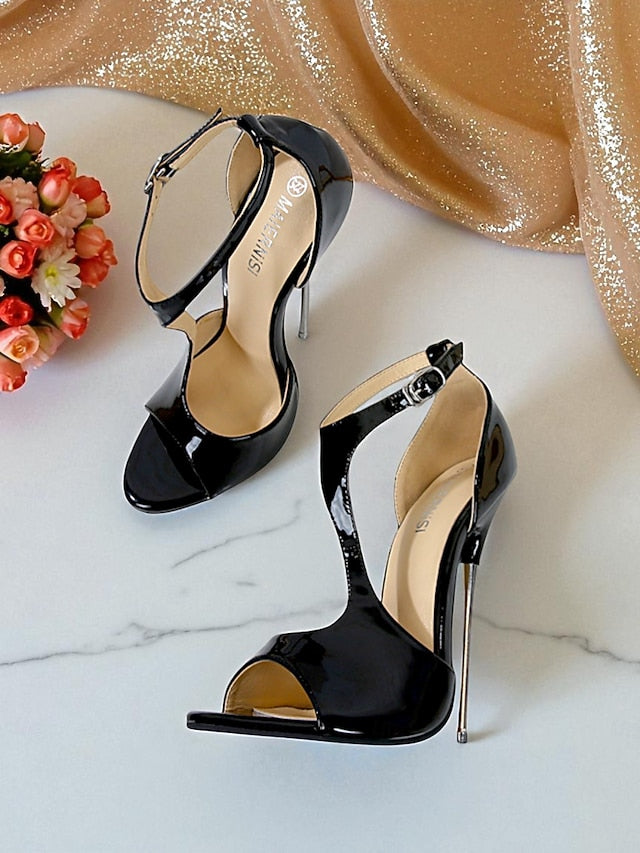 Stiletto Red Leather Strappy - Open Patent Heels Women's