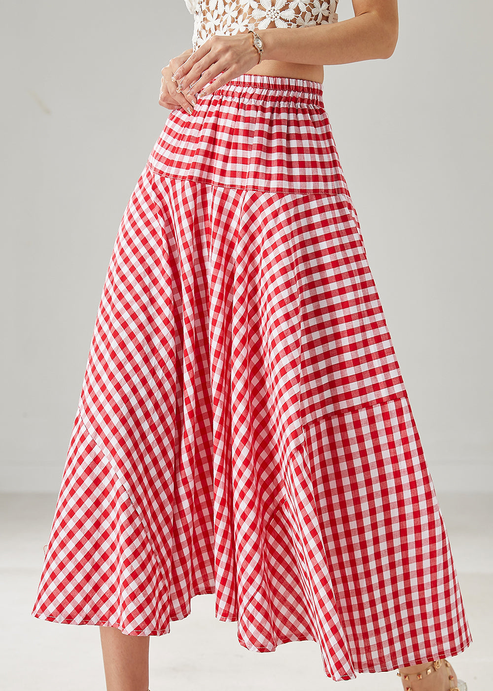 Jupes de vacances en coton à carreaux rouges avec ourlet extra large pour l'été AZ1032