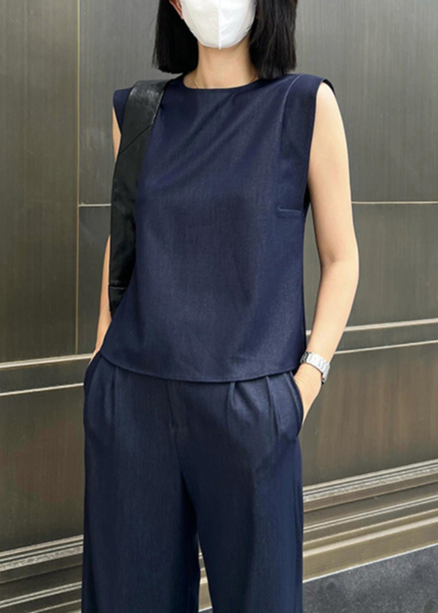 Ensemble élégant haut à col rond bleu marine et pantalon à jambes larges deux pièces pour l'été AN1001
