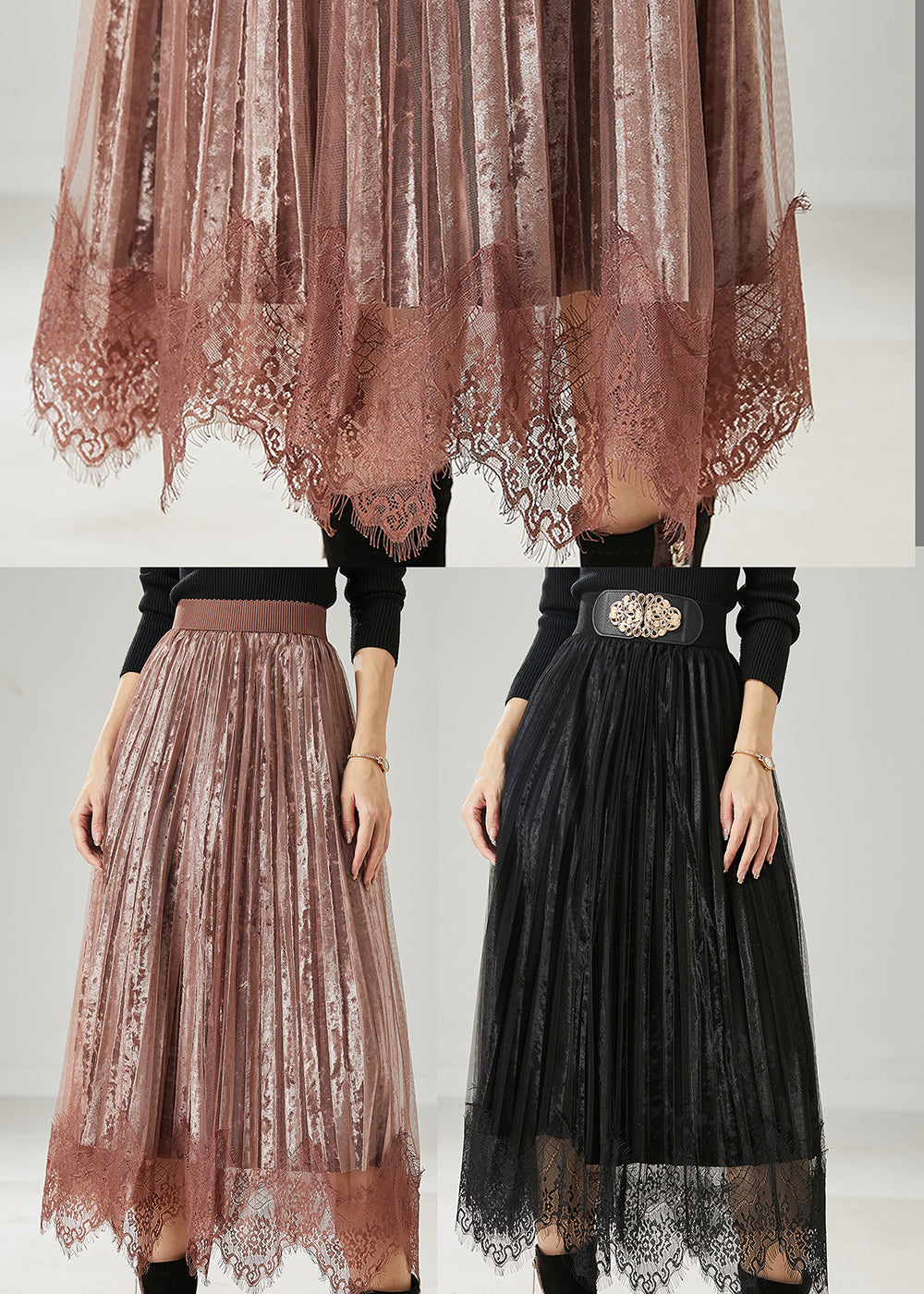 Jupes plissées en velours de soie et dentelle patchwork marron modernes Printemps AZ1039