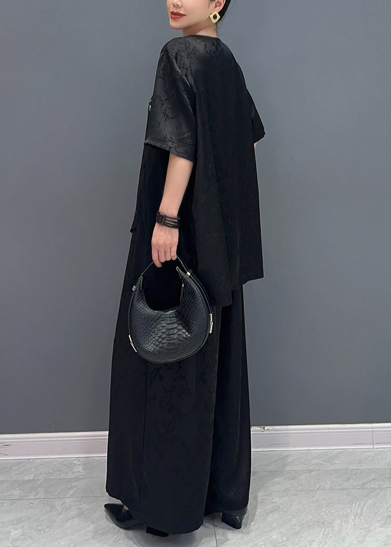 Ensemble deux pièces haut en jacquard de soie de style chinois et pantalon à jambes larges AO1019