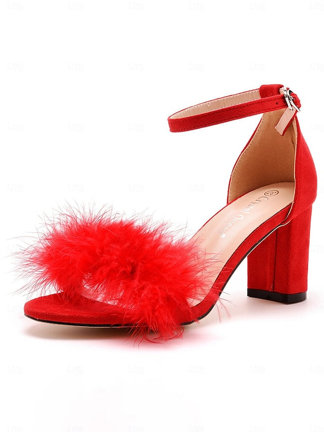 Feather-Embellished – Wedding Heel Block Sandals Women for