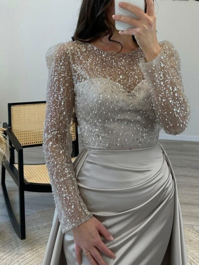 Evening Long Dress Gown Mermaid RuchedSatin Sleeves Sequin