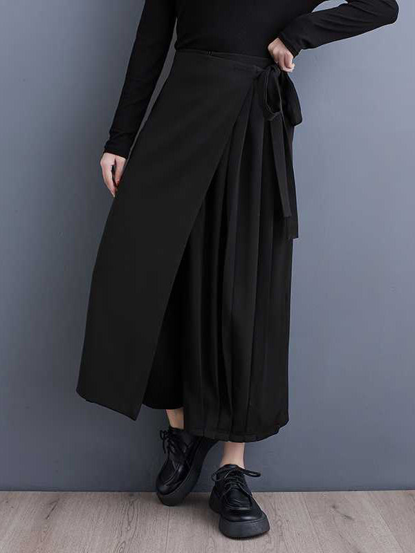 Pantalon élégant noir élastique taille haute asymétrique noué patchwork plissé neuvième pantalon WS015
