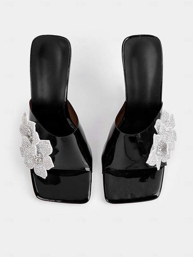 Leather Rhinestone Mules Women's with Flower Patent Black