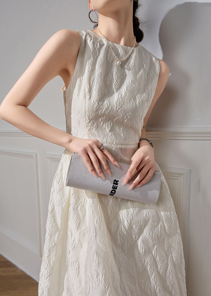 Robes blanches hautes taille col rond sans manches jacquard long coton