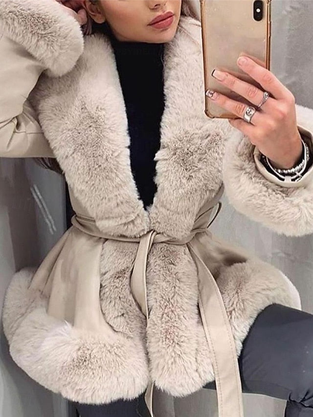 Leather Faux Women's Fur Breathable Collar Warm Jacket
