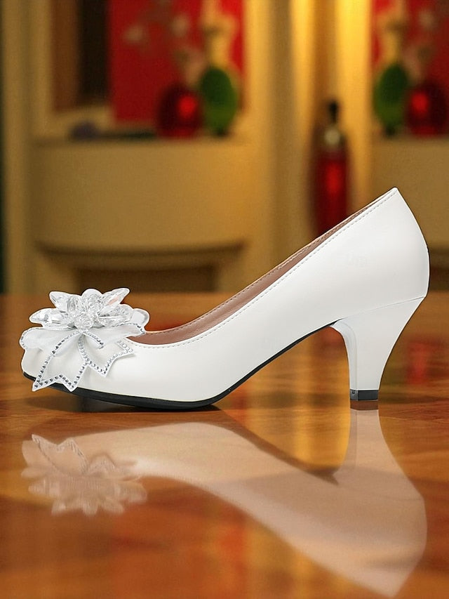 White Shoes Low Women's Wedding with Crystal Bow Heel