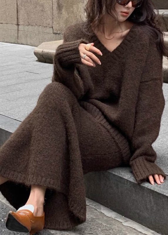 Ensemble deux pièces en tricot de coton marron confortable et jupe longue grande taille, hiver WV029