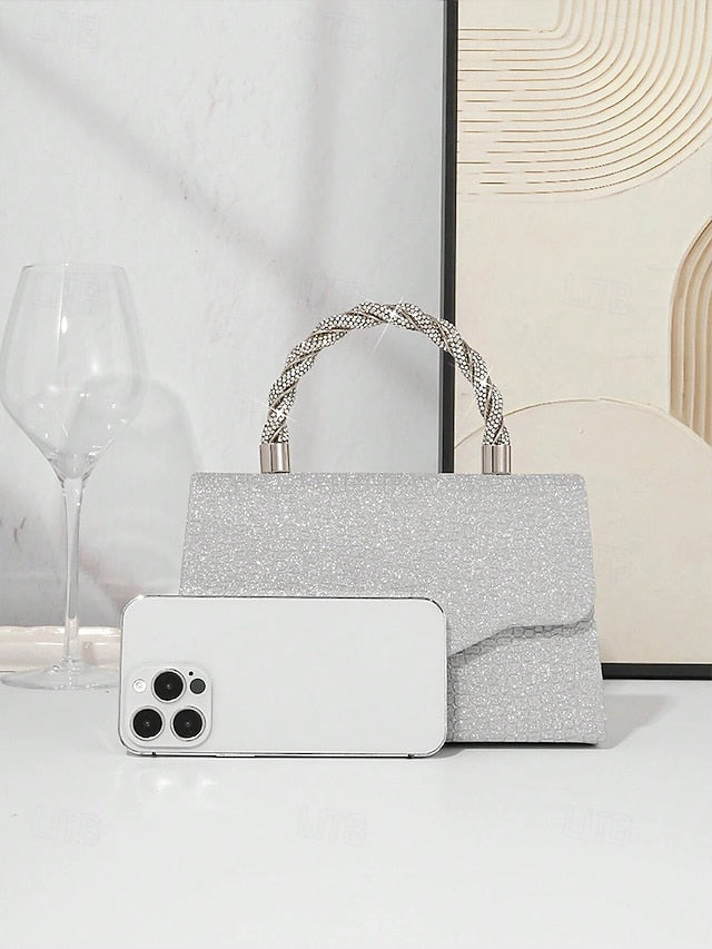 Handle Handbag with Glitter Rhinestone Women's Silver –