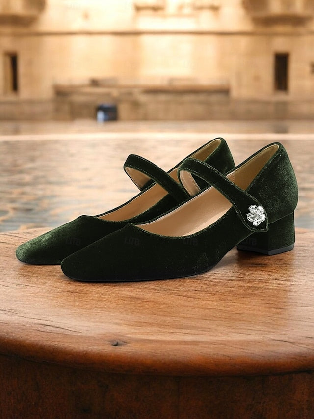 - Velvet Toe Square Green Jane Mary Pumps Block Women's