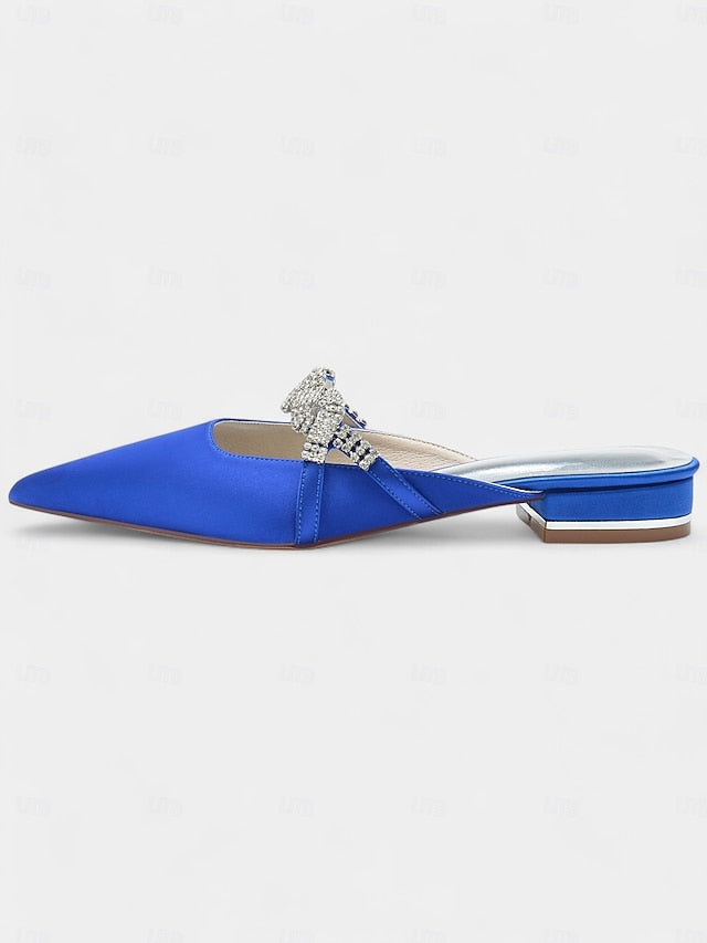 with Pointed-Toe Blue Detailing Mule Rhinestone - Satin Heels