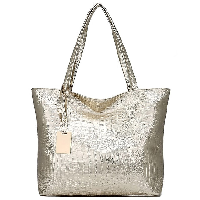 Tasche Faux Große Tote Geprägte Damen Kroko Silber | Kapazität