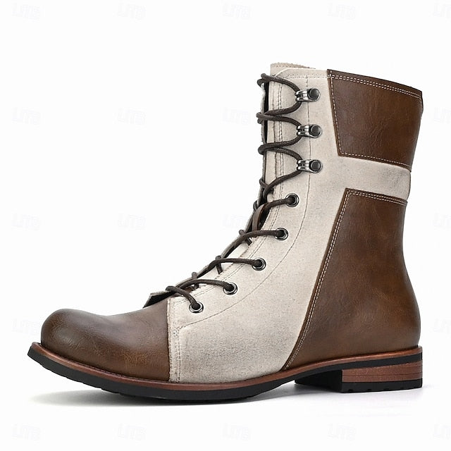 Men's Mid-Calf Vintage Lace-Up Leather Faux Boots Two-Tone