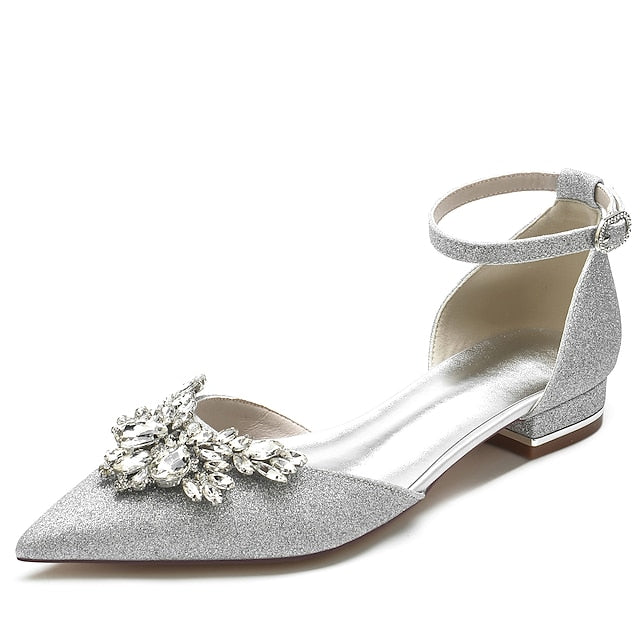 White Design Flats Rhinestone – Satin with Floral Women's