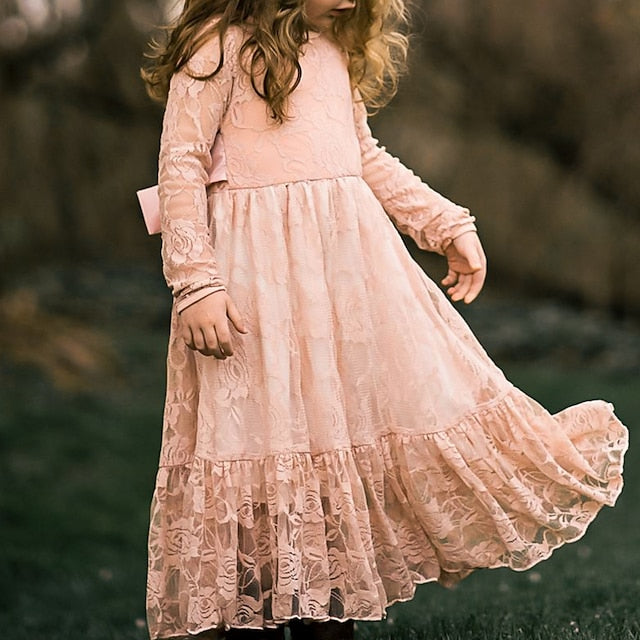 Long Girls' Solid Colored Girl Kids Dress Flower