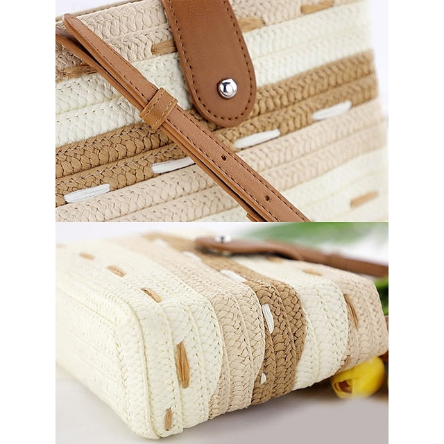 Gestreift mit Tasche Colorblock Damen Stroh gewebt braun Tote