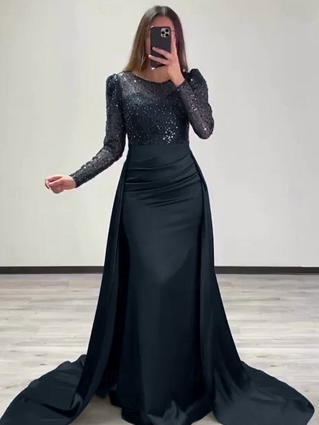 Evening Long Dress Gown Mermaid RuchedSatin Sleeves Sequin