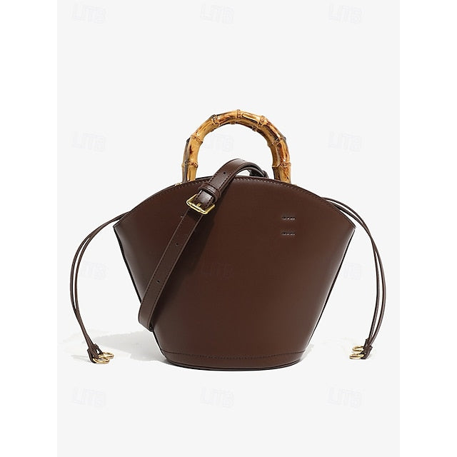 Brown Bamboo Leather Bucket Bag Handle with Women's