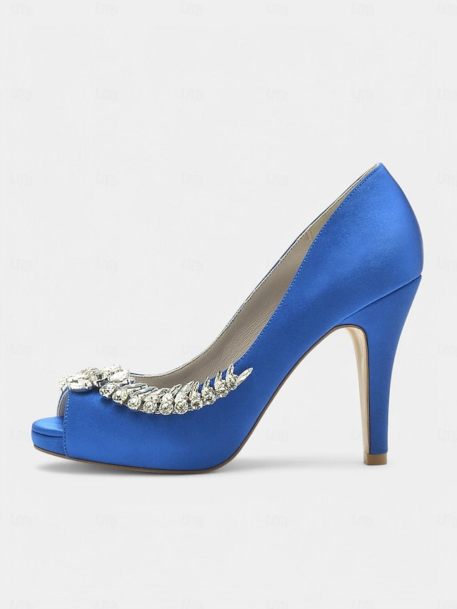 with Crystal Blue Embellishment Luxury Satin Peep-Toe Heels –