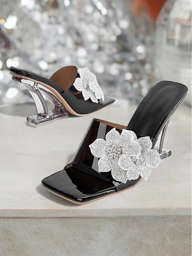 Leather Rhinestone Mules Women's with Flower Patent Black