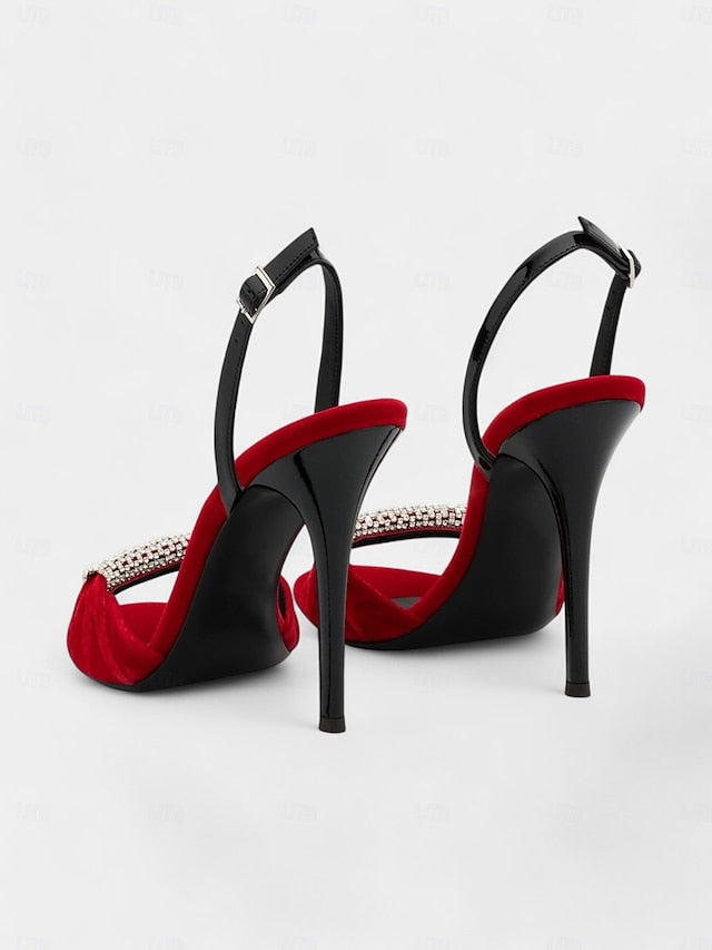 Velvet Accent Red Stiletto Bold with – Heels Rhinestone
