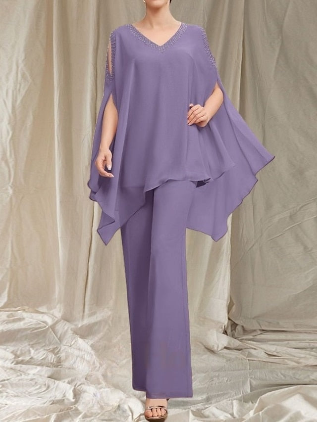Elegant Dress the Pantsuit V Mother of Guest Bride Wedding Neck