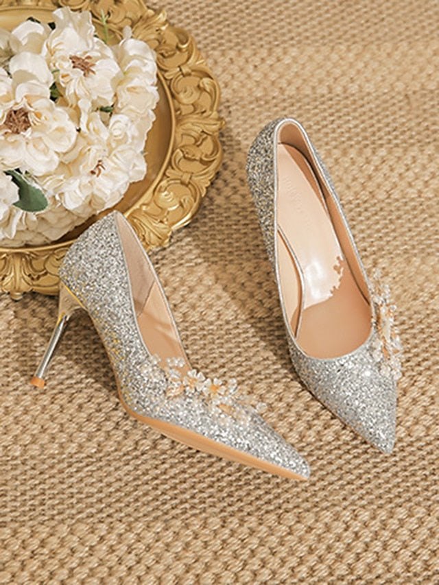 with Women's Glitter Floral Heels Silver Stiletto