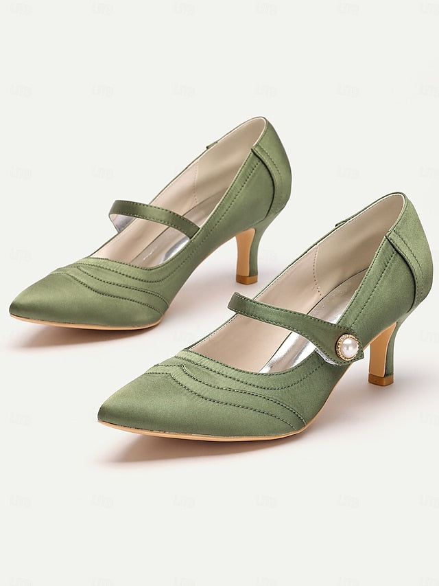 Elegant Green Heels - Button Satin Jane Pearl Mary with