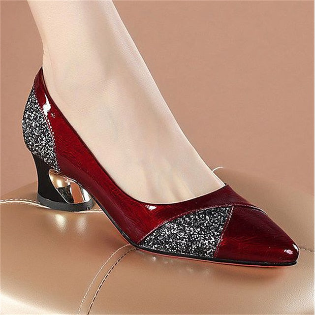 Patent Women's Heels Block Leather Faux Glitter-Accented
