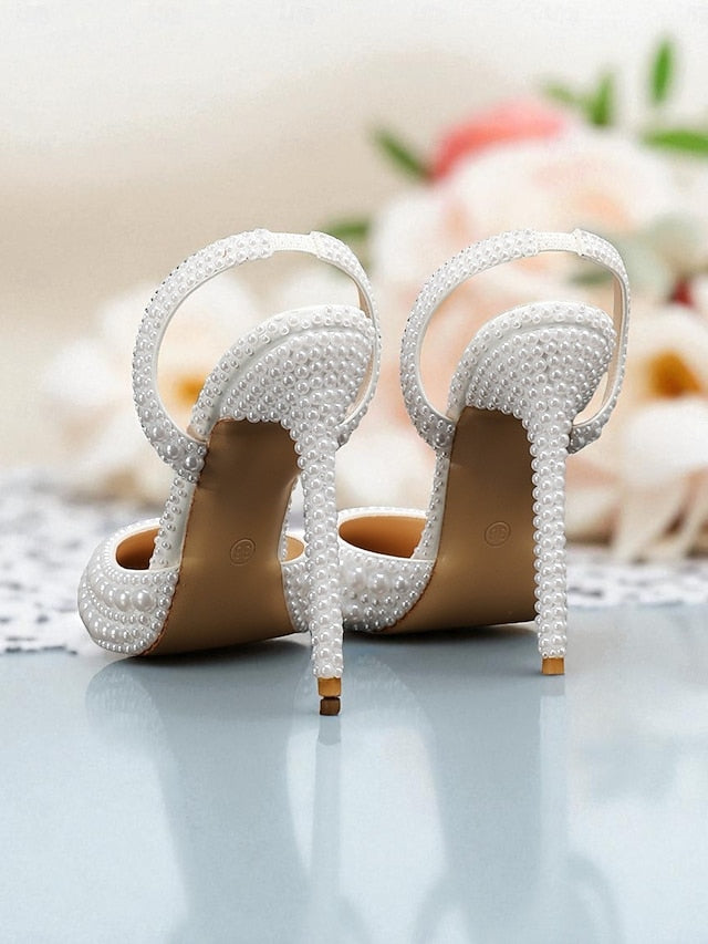Heels - Slingback Leather White Women's Pearl-Embellished