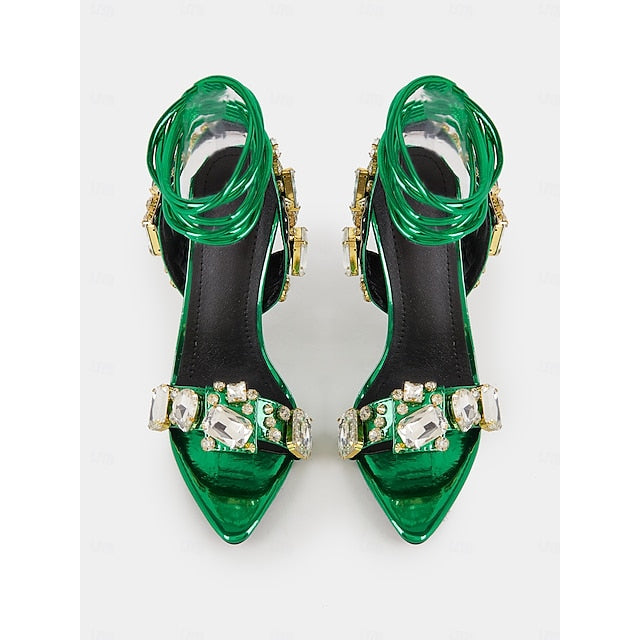 Stiletto Green Women's Heels Lace-Up with Metallic