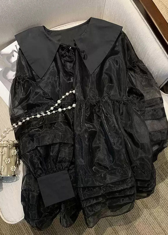 Französische schwarze Ärmel Hals V Tüll lange Patchwork Midi Kleider