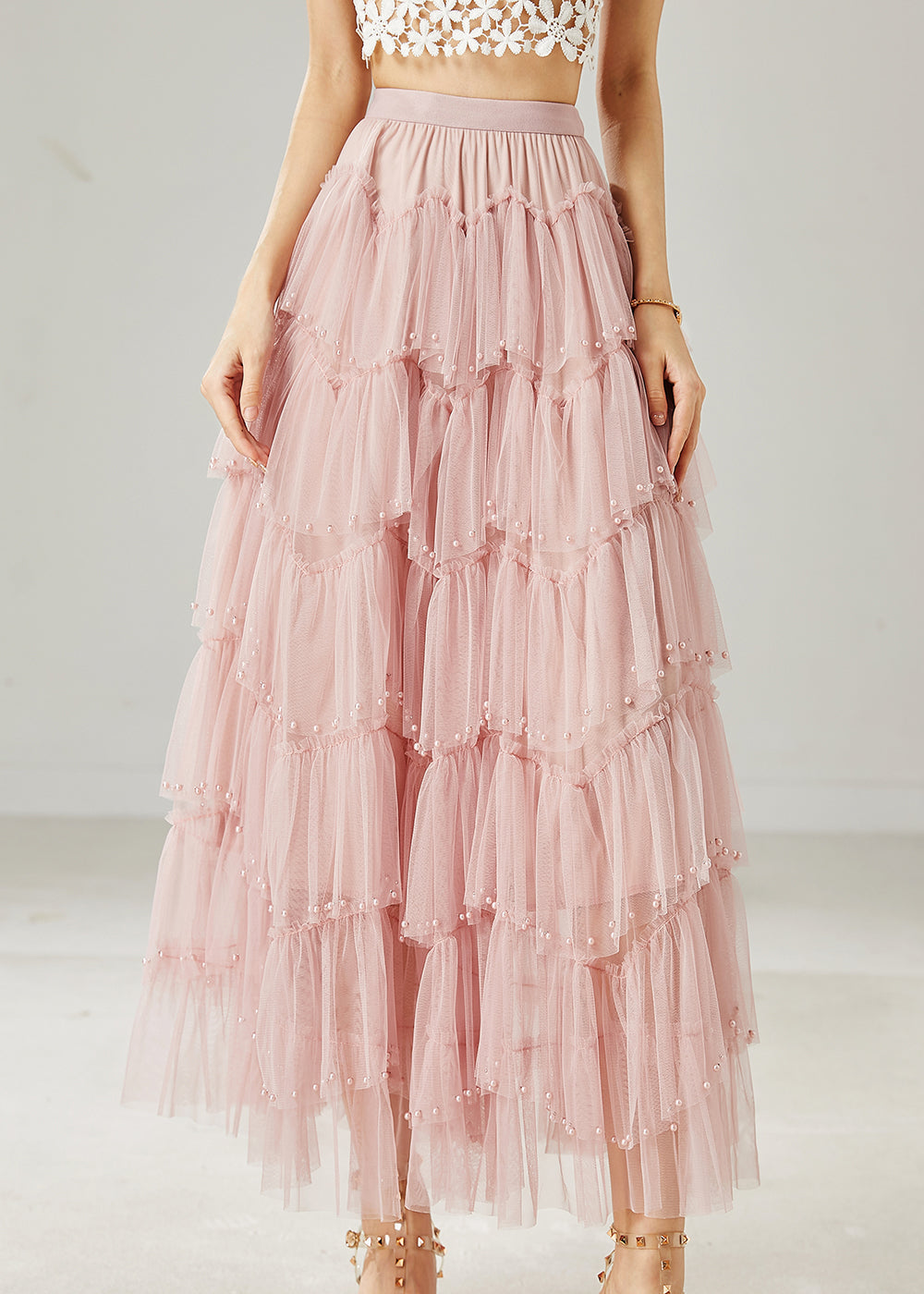 Jupe de plage en tulle superposée avec perles roses italiennes pour l'été AZ1040